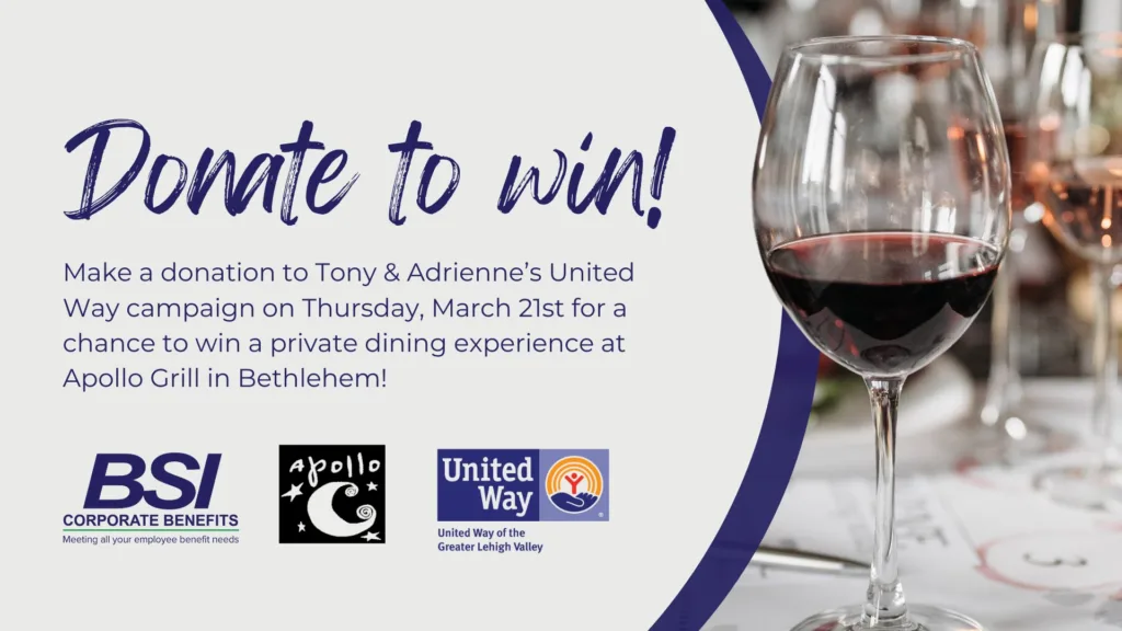 The Apollo Grill will be donating 5% of proceeds on Thursday, March 21st to the United Way of the Greater Lehigh Valley in support of Tony and Adrienne DaRe's campaign.