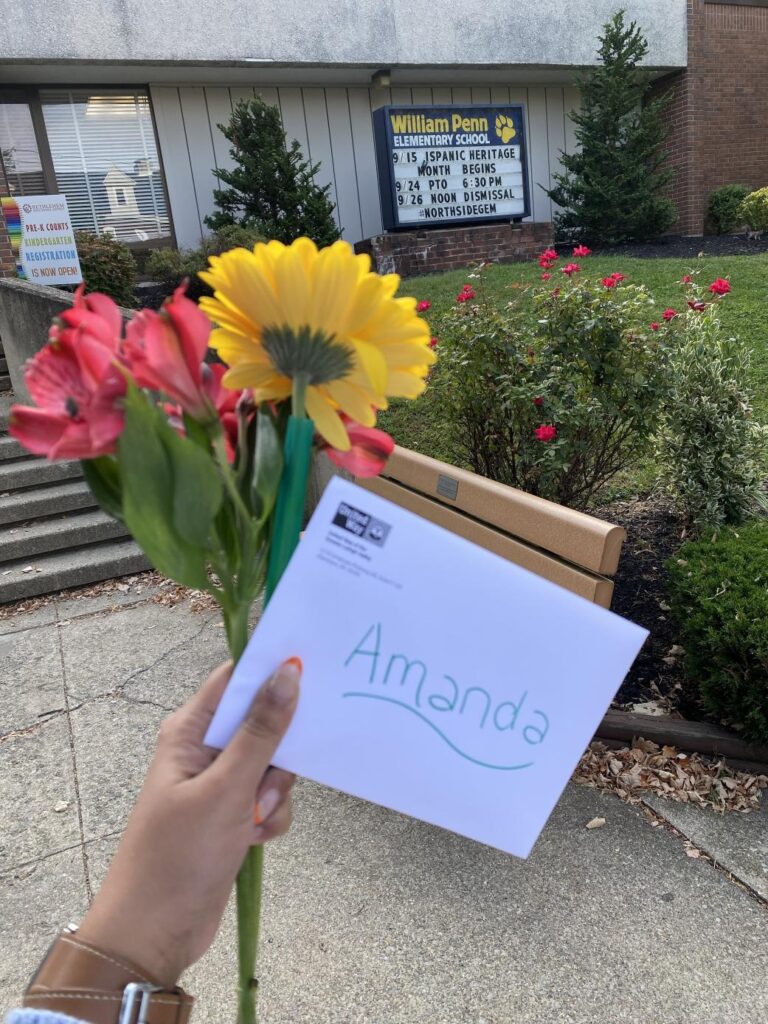 Flowers and a card for Amanda, Community School Coordinator at William Penn elementary school in the Bethlehem Area School District