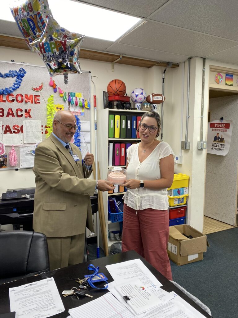 Olga, Community School Coordinator at Francis D. Raub Middle School in the Allentown School District receives birthday balloons