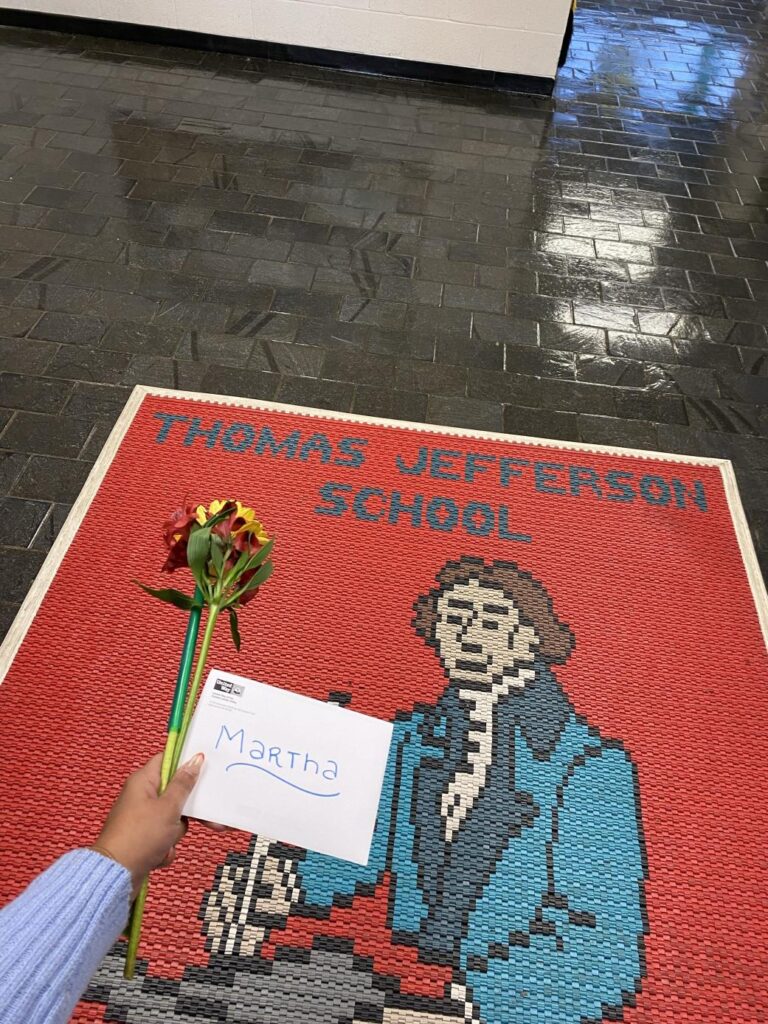 Flowers and a card for Martha, Community School Coordinator at Thomas Jefferson Elementary School in the Bethlehem School District